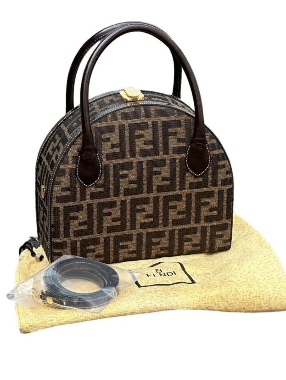Auth Fendi Zucca FF Round Dome Vanity Crossbody Bag